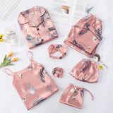 Spring 7 Pieces Set Silk Elegant Women Pajamas stripe Shorts Long Sleeve Tops Elastic Waist Pants Full Lounge