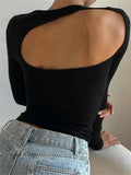 Backless Hollow Out Short T-Shirts Women Fall Spring Long Sleeve Round-Neck Slim Fit Tees Shirts Plain Pullovers Tops-Outfit