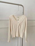Sweet Soft Wool Cardigan Slim Women Patched Lace V Neck Full Sleeve Solid Color Autumn Spring Sweater Shirts-Outfit