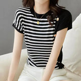 Commuter Fashion Button Striped Patchwork Pullovers Top 2023 Summer New Women Clothing O-Neck Short Sleeve Casual T-shirt-Outfit