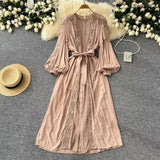 Fongt And Autumn New French Retro Hollow Hook Lace Spliced Lantern Sleeve Dress Strapped Waist Temperament Dress