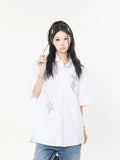 Hip Five-pointed Star Black Shirts Mens Oversized Solid Blouses Cute Button Up Shirt Y2K Streetwear Harajuku Couples Summer-Outfit