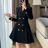 Clothing Tailored Collar Mini Dress Commute 2023 Spring Autumn Double Breasted Basic Solid Color Stylish Pleated Dresses-Outfit