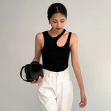 Fongt Hipster High Street Wind 2024 Summer Round Collar Side Irregular Hollow Out Design Women's Solid Color Slim Small Vest-Outfit