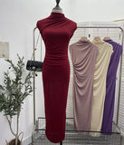 Ceclent Unique Dress With Thin Folds And Hips High-Collar After The Opening Of The Fork Dress