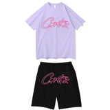 Devil Island Rose Red Letter Printed Short-Sleeved T-Shirt Casual Shorts Set For Men And Women-Outfit