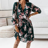 Print Casual Deep V Neck Green Pleated Office