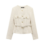 Fongt Textured Long-Sleeved Round-Neck Casual Suit Jacket 2025 Spring Temperament Button Trim Jacket Woman
