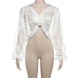 White Sheer Lace Knot Long Sleeve Crop Blouse-Outfit
