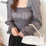 Square-neck Blouse Women New Design Puff Sleeve Chiffon Shirt Thin Tops