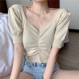 Puff Short Sleeve V-neck Knitted T-shirts Girls Solid Stretchy Crop Tops Thin Knitwear For Women-Outfit