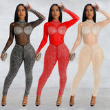 Fashion Women's Pure Color Mesh Hot Diamond Long Sleeve Trousers Jumpsuit-Outfit
