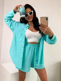 Fongt Women's Solid Color Single Row Buckle Long-Sleeved Shirt Loose Fashion Casual Shorts Set