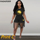 Tie Dye Casual Two Piece Set Plus Size Shorts Set Women Long Sleeve Crop Top Tassel Shorts Sport Traeksuits