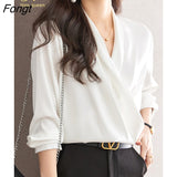 Han Queen 2023 New Women Blusas Vintage White Satin Chic Tops Long Sleeve Casual Chiffon Blouse Female Work Wear Office