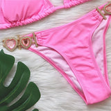 Fongt Sexy Luxury Crystal Diamond Bikini Solid Color Female Strap Swimwear Metal Accessories