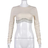Rhinestone Tassel Long Sleeve Crop Top Solid Round Neck Ribbed Knit Blouses Women Shirts Street Club