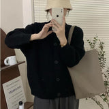 Collar Solid Color Knitted Button Cardigan Women's Long Sleeved Autumn New Style Loose Lazy Casual Sweater Jacket-Outfit