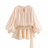 Fongt Bubble Sleeve Lotus Side Wrinkle Skirt 2025 Spring And Summer Lace With Round Tie Waist Mini Dress