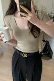 Version Of White U-Collar Slim Short-Sleeved T-Shirt Women's New Summer High-Waisted Slim And Thin