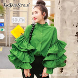 Shirt Woman Multilayer Flounce Horn Sleeve Shirt Loose Versatile Small Stand-Outfit