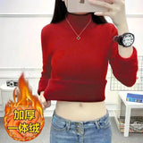 Casual Half Turtleneck Plush Velvet Lined Thicken Knitted Pullover Women Winter Warm Knitwear Jumper Soft Malhas