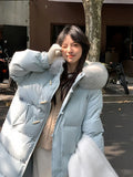 Pinghu Down Jacket Female Winter 2024 New Advanced Sense Sweet White Duck Velvet Ox Horn Buckle Thick Warm Long Coat-Outfit