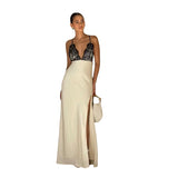 Spring Women's New Lace Stitching Sling Strap Slit Sexy Dress-Outfit
