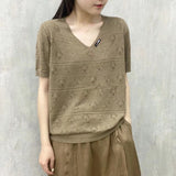 Fongt Summer Solid Color Loose Short-Sleeved Bottom Shirt Literary Casual Jacket V-Neck Knit T-Shirt Women-Outfit