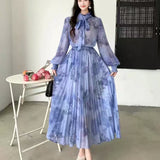 Fongt Wind Two Sets Of Female High-Grade Bow Tie With Lantern Sleeve Print Shirt Pendant Half-Body Skirt