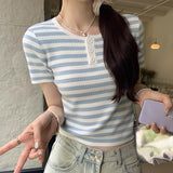 And Light High-Grade Blue Color Striped Short-Sleeved Shoulder T-Shirt Women's Summer Stretch Waist Short Style Foreign Style