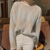 Argyle Sweater Women loose Diamond Pattern Knitted Sweater Female Elegant V Neck Jumper Pullovers Women Chic