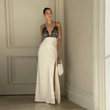 Spring Women's New Lace Stitching Sling Strap Slit Sexy Dress-Outfit