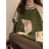 Patchwork Sweater Women Harajuku Tassel Oversized Knitted Pullovers Streetwear Korean Casual Knitwear All Match Jumpers-Outfit