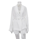 Fongt / Summer 2024 French Long-Sleeve Lace Top Loose Shorts Suit Women's Solid Color Casual Two-Piece Set-Outfit