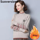 Thicken Plus Velvet Sweater Women Winter Warm Casual Loose Knitted Tops Korean Printted Pullover Soft Sweter Damski