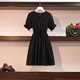 New Short Sleeve Women's Dress Large Size Stitching Fashion Tops V-neck Draw Back Cotton Korean Summer