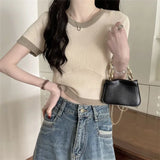 Fongt Clamming Color Splicing T-Shirts For Women's New Summer Fashion Slimming Thin-Sleeved Ice Silk Short-Sleeved Top