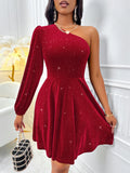 Fongt Winter New Fashion Women's Hot Diagonal Shoulder Long Sleeve Solid Color Waist Sexy Wind Dress-Outfit