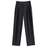 High Waist Straight Long Trousers Loose Waist Full-Length Panst Office Lady Solid Spring Pleated Grey