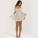 White Square Neck Lace Mesh Long Sleeve Mini Dress-Outfit