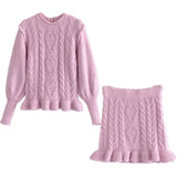 Autumn Solid Color Knitted Twist Puff Long sleeve Pullover Sweater Ruffles Hem High Waist Mini Skirt 1