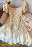 Vintage Square Neck Plaid Print Mini Dress Summer 2023 Elegant Puffed SleeveA-line Dresses Patchwork split Vestidos