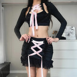Fongt Winter New Ins Pure Desire Hot Girl Lace With Long Sleeve Top Lace Splicing Package Buttock Skirt Suit