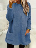 Fongt Women's Autumn And Winter New Long-Sleeved Round-Neck Casual Loose Plush Wear Pocket Top Woman