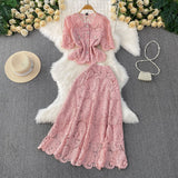 Fongt Yuan Age Reduction Heavy Lace Embroidery Round Shirt Design Single Buckle Top Two Sets Of High-Rise Half-Dress