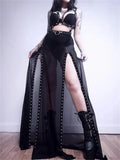 Y2K Gothic Black Side Split Long Maxi Skirts Streetwear 2023 High Waist Mesh See Through Party Clubwear Button Skirts-Outfit