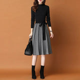 Vintage Elegant Knitted Sweater Pleated Dresses New Winter Women Long Sleeve Office Lady Casual Midi Vestido Da