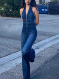 Halter Neck Denim Jumpsuit-Outfit