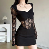 Black Mysterious Sexy Lace Stitching Mature Fishbone Beautiful Sweet Gentle Women'S Winter Long Sleeve Hip Short Dress-Outfit